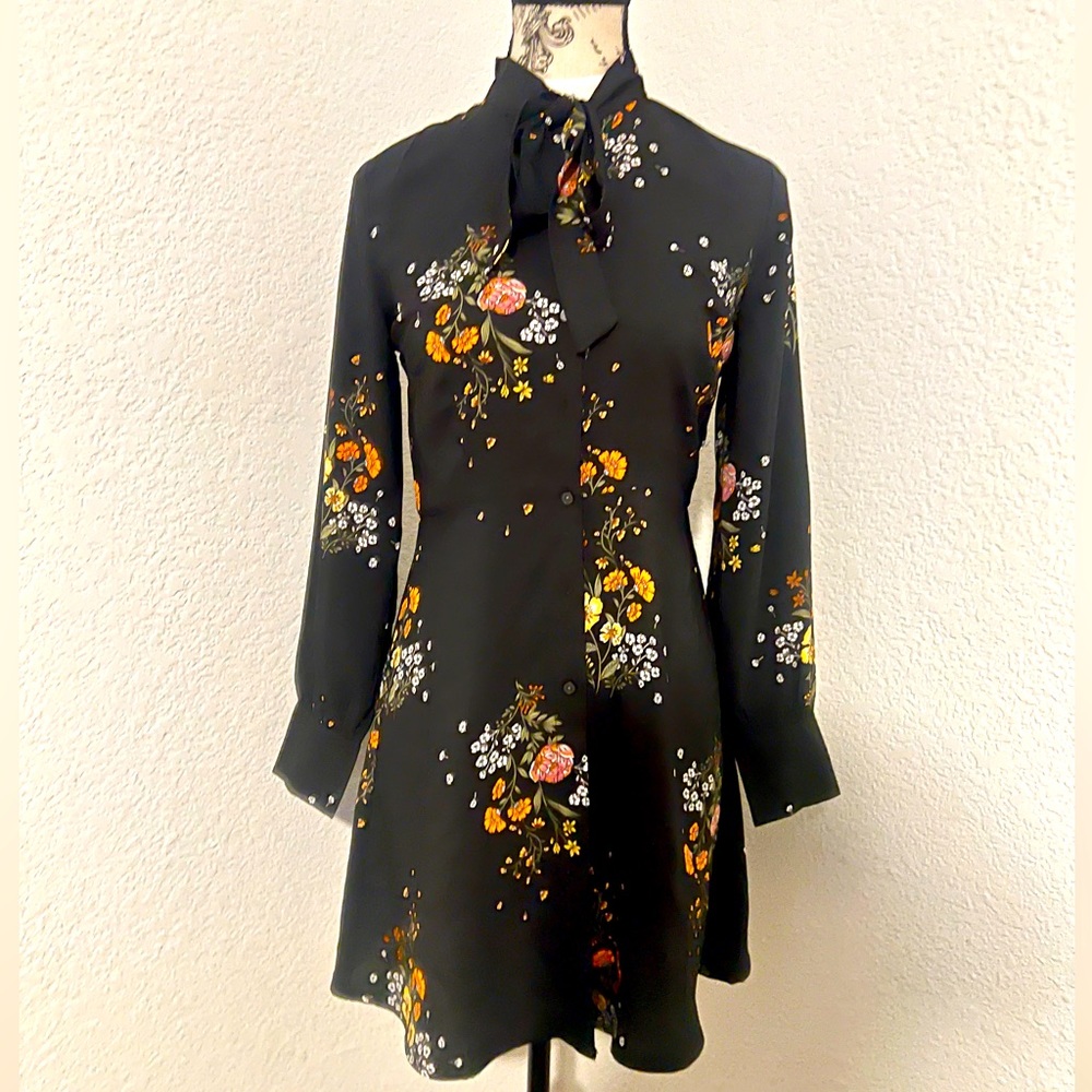 LOFT Floral Black tied turtleneck dress